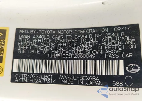 2015 Lexus Es 300H from USA, damaged, VIN JTHBW1GG5F2080049